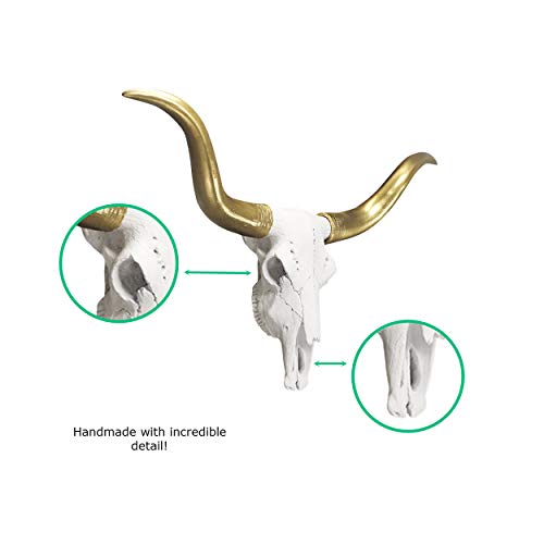 Wall Charmers Mini White Faux Longhorn Skull - 20" Faux Taxidermy Animal Head Wall Decor - Handmade Farmhouse Decor (White + Gold Horns) #TOP2