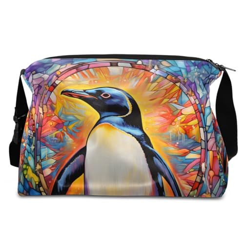 Leather Travel Duffle Bag for Women Men, Glass Painting Penguin Cute Small Sports Gym Bag Weekender Overnight Bags Underseat Carry on Luggage Bags for Airplanes, Personal Item Travel Bag,B-6992