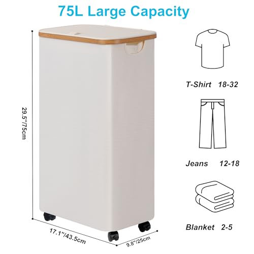 Image of efluky Slim Laundry Basket with Wheels, Tall Rolling Laundry Hamper with Lid and Removable Bag, Aesthetic Dirty Clothes Hamper on Wheels for Laundry Room, Bedroom, Dorm and Bathroom,75L Beige