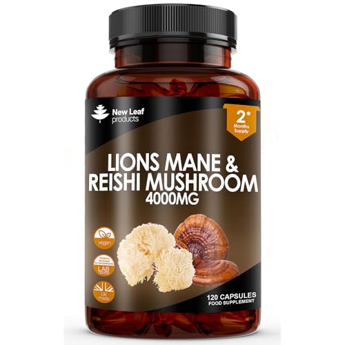 Lions Mane Capsules 4000mg + Reishi Mushroom - Lions Mane Supplement High Strength Supplement - 120 Vegan Lion Mane Powder Capsules - Made in UK By New Leaf