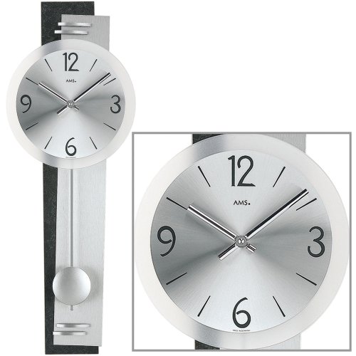 Preisvergleich Produktbild AMS Wanduhr 7255 Quarz mit Pendel Schiefer-Applikation geschliffenes Aluminium