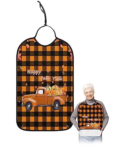 Thanksgiving Pumpkin Truck Adult Bibs for Eating, Waterproof Bibs with Food Catcher & Adjustable Snap Closure, Orange Black Plaid Leaves Washable Clothing Protectors Adult Bibs for Elderly Women/Men