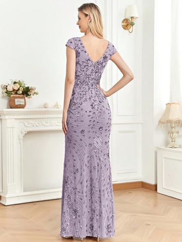 Image of Womens Sequined Long Evening Gown Glamous Sleeveless V-Neck Mermaid Prom Dress for Wedding Party Club Occasions