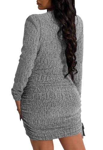 Image of FairBeauty Women's Sexy Sparkly V Neck Long Sleeve Ruched Metallic Bodycon Club Mini Dresses
