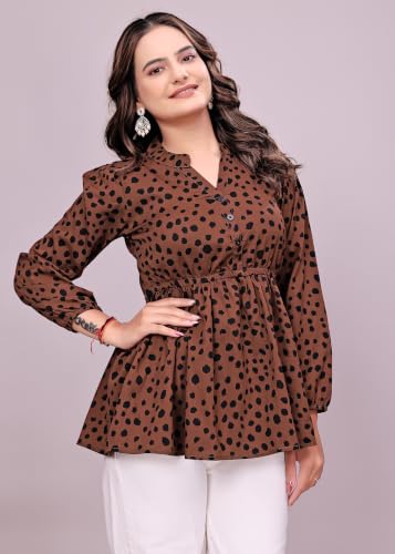 Image of NEW Women's Stylish Brown Polka Dot Crepe Fabric Tunic Top | Full Sleeves Collared Neck Peplum | Flared Fit Trendy Ladies Top