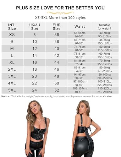 ohmydear Black Corset Top Faux Leather Push Up Corsets Belts for Women Spaghetti Straps Boned Bustier Crop Top with Thongs Party Clubwear Outfit steampunk buy now online