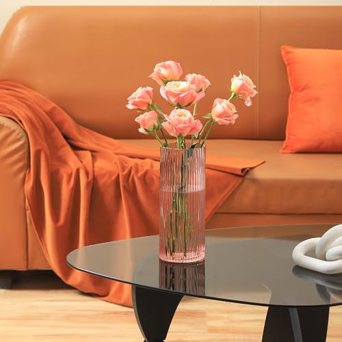Vase verre rose côtelé 25 cm fleurs longues KAYLETIN