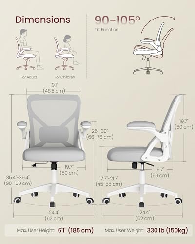 Image of VASAGLE Ergonomic Mesh Office Chairs with Adjustable Lumbar Support, 90-105 Tilt Function, Wide Seat, Flip‑Up Armrests, Computer Desk Chairs for Home Office, Set of 2, Dove Gray