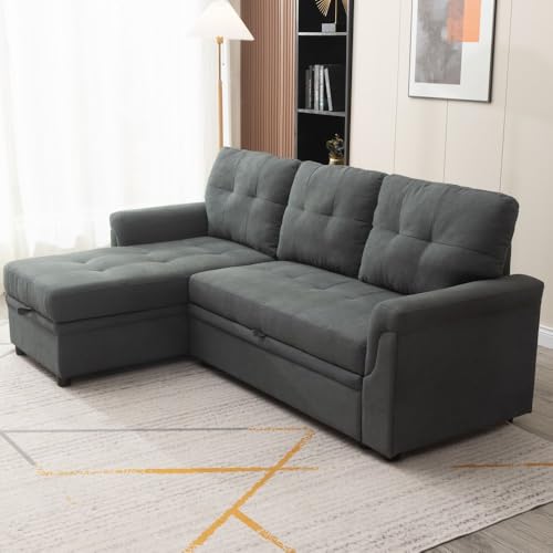 Panana 3 Seater Conrner Sofa Bed, Pull-out Sofa Bed with Universal Storage Chaise, 2 Fabrics and Colours For Option (Grey Linen Fabric) - Image 4