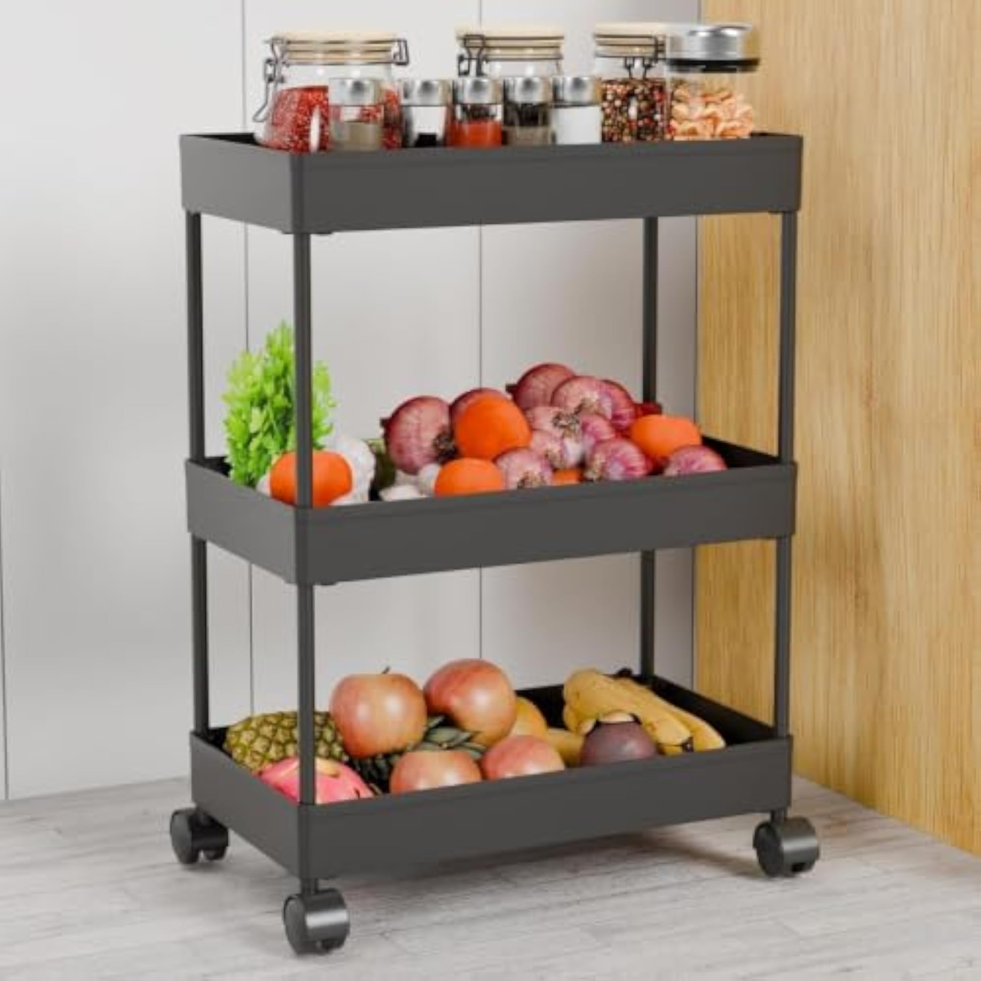 Plastic Kitchen Storage Trolley Rack with Wheels, Space Saving