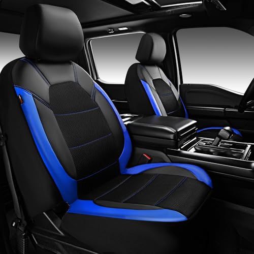 CAR PASS Leather Car Seat Covers Front Seats Only with Air Mesh Front Seat Covers Breathable Cool Automotive Seat Cover 2 Pack Universal Fit Most Cars SUV Truck Van Airbag Compatible(Black & Blue)