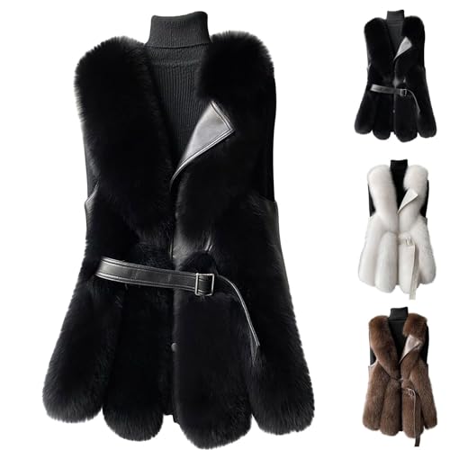 HGps8w Leather Patchwork Women's Faux Fur Vests - Faux Fox Fur Warm Fluffy Jacket - Furry Outerwear Winter Coats with Belt2