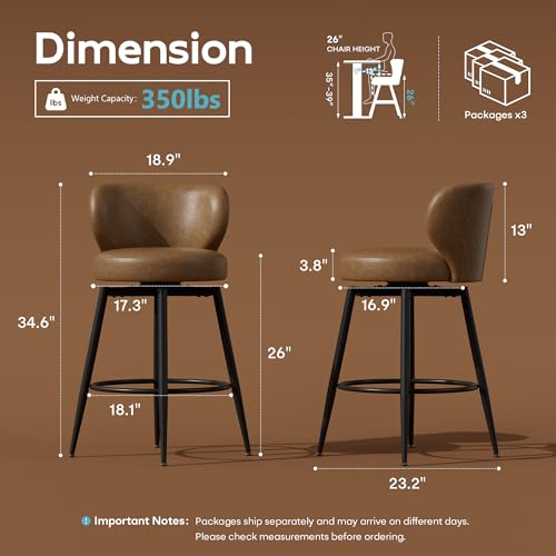 Image of 26 inch Brown Bar Stools Set of 6, Swivel Kitchen Island Chairs