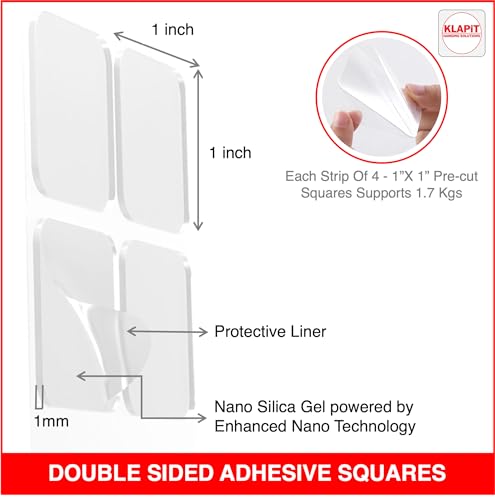 KLAPiT Super Strip | Clear Double-Sided Mounting Tape Squares (1" x 1", 16pcs Holds 6.8Kg) | Heavy Duty Waterproof Adhesive | Multipurpose Mounting Pads for Wall, Tile, Glass, Metal | EZHold, 16 pcs