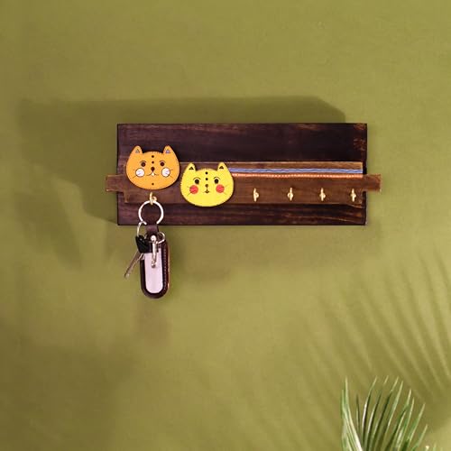 Image of Aakriti Art Creations Key Holder, Meow Key Hanger with Cat Motifs and Beautiful Artwork | Rustic Wooden Wall Organizer with 5 Hooks | Storage Shelf For Keys, Hats | Multifunctional Entryway Decor Item