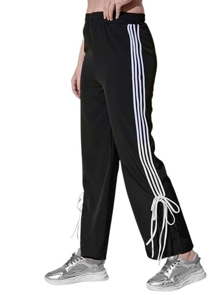 avinzo Women's Athletic Track Pants, Wide Leg, with White Stripes, Side Split Design (in, Alpha, L, Black)-picture-27