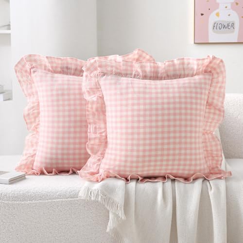 Image of K MASANIJI 2 Pack Blush White Plaid Ruffle Gingham Throw Pillow Covers, 100% Washed Cotton Checkered Farmhouse Decorative Pillow Shams for Bed/Sofa - 18''x18''