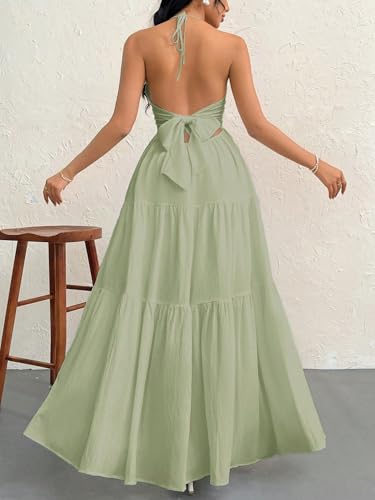 Image of Narecte Women's Maxi Summer Dresses Halter V Neck Beach Dresses for Women A-Line Casual Dress for Vacation