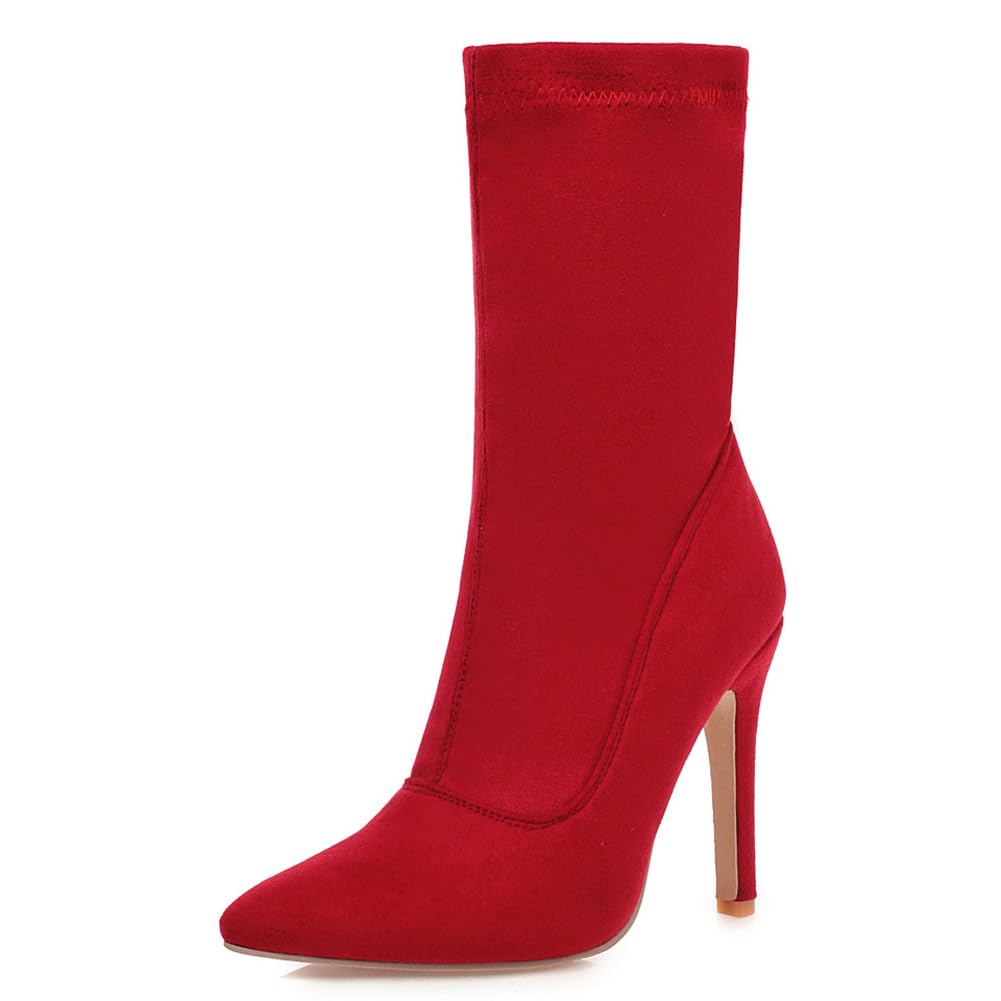 Bottines talons aiguilles stretch et confortables à bout pointu rouge - 7