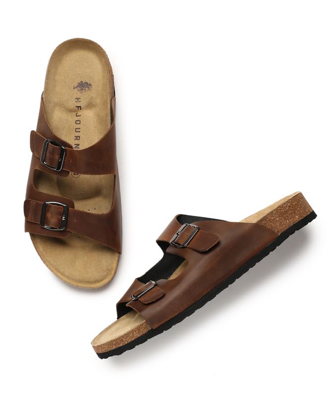 Image of HF JOURNEY Men's Vasco Double Strap Cork Footbed Sandals - Adjustable Buckle Slip-On Comfort Slides (Size 41-46)