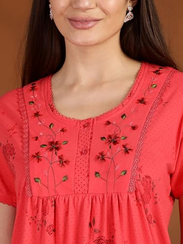 Image of 9shines Label Stylish Cotton Blend Embroidered Maxi Nightdress for Women with Pocket| Full Length Nightwear| Premium Nightdress| Comfortable Nightwear(5256)