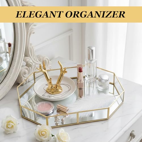 Plateau de vanité en verre et métal doré pour parfum et bijoux