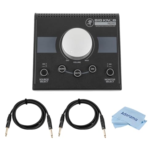 Mackie Big Knob Passive 2x2 Studio Monitor Controller - Bundle With 2x 6 1/4 TRS to 1/4 TRS Balanced Instrument Cable Fiber Optic Cleaning Cloth