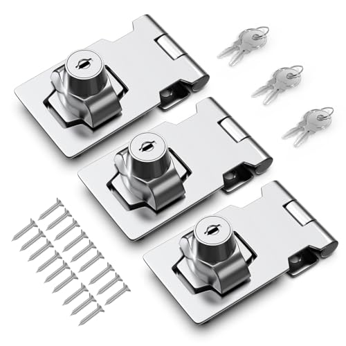 Image of 2.5 Inch Keyed Hasp Lock for Cabinets & Small Doors, Twist Knob Design, Heavy Duty Zinc Alloy with Chrome-Plated Iron, Includes Keys & Screws - Silver, 3 Pack