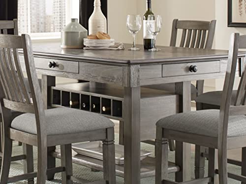Antique-Gray-Dining-Furniture-Counter-Height-Table-with-Drawers-Wine-Rack-4-Chairs-5pc-Dining-Set-Solid-Wood-Country-Kitchen-Style Antique Gray Dining Furniture Counter Height Table with Drawers Wine Rack 4 Chairs 5pc Dining Set Solid Wood Country Kitchen Style