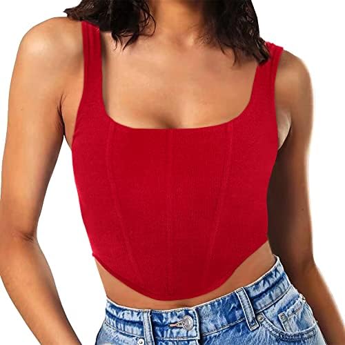 MISSJOY Women's Ribbed Corset Top Square Neck Bustier Zip Back Going Out Party Crop Tops Red S
