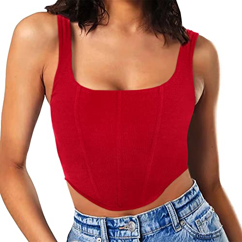 Missjoy Women's Ribbed Corset Top Square Neck Bustier Zip Back Going Out Party Crop Tops Red S #TOP30