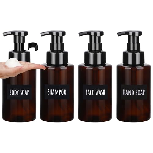 Image of Segbeauty 13.5oz 4pcs Foaming Hand Soap Dispenser Refillable, Empty Foaming Soap Dispenser with Pump, 400ml Plastic Foamer Bottle, Amber Foam Pump Bottle with Waterproof Labels for Bathroom Kitchen