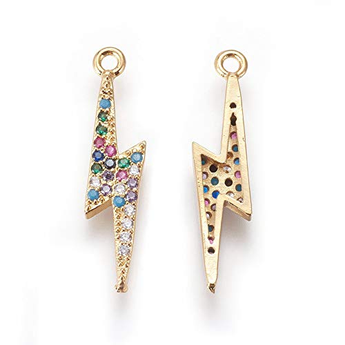FASHEWELRY 5Pcs Brass Cubic Zirconia Lightning Bolt Pendants Golden Plated CZ Flash Dangle Charms for DIY Jewelry Making