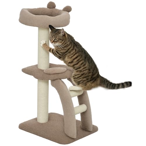 PawHut Albero Tiragraffi a 3 Livelli con Trespolo Superiore e Pallina Giocattolo, Torre per Gatti in Legno, Iuta e Poliestere, 48x40x88 cm, Marrone