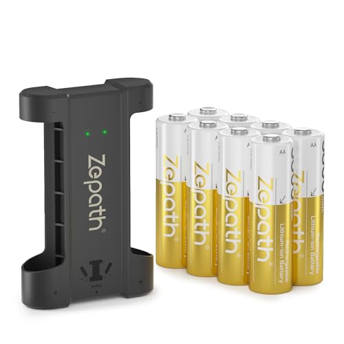 Zepath 8 pilas recargables de litio de 1,5 V AA con cargador de 2 ranuras, 3600 mWh de doble batería recargable con tecnología 2000 +