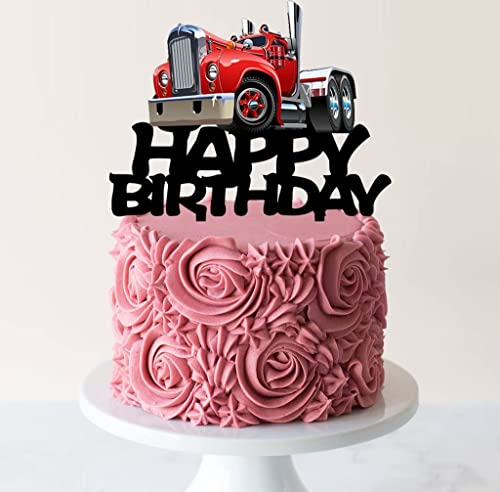 Heavy Truck Cake Topper Black Acrylic Transportation Theme Birthday Supplies, Heavy Truck Happy Birthday Cake Topper For Kid's Boy's Men' Birthday Party Decorations（Red） #TOP6