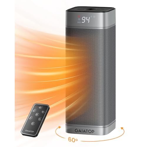 GAIATOP Space Heaters for Indoor Use, 1500W Portable Electric Heater, Quiet PTC Ceramic Heat with Thermostat, 5 Modes, Remote, 60° Oscillating, 12Hrs Timer, Powerful Wind for Bedroom Office Home