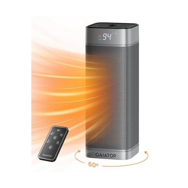 GAIATOP Space Heaters for Indoor Use, 1500W Portable Electric Heater, Quiet PTC Ceramic Heat with Thermostat, 5 Modes, Remote, 60° Oscillating, 12Hrs Timer, Powerful Wind for Bedroom Office Home