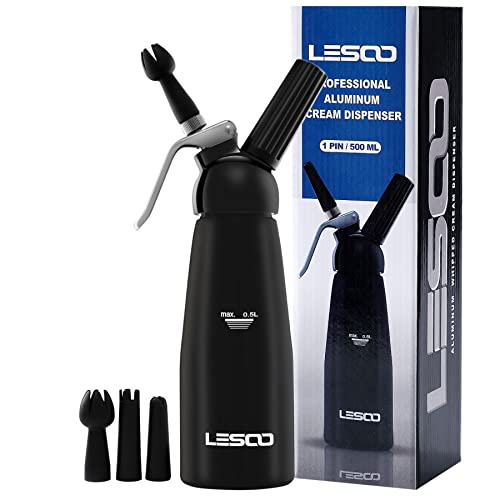LesooWhip Professional Whipped Cream Dispenser Highly Durable Aluminum Whip Cream Dispenser 500ml /1 Pint Large Capacity Whip Cream Canister with 3 Stainless Steel Nozzles and 1 Cleaning Brush