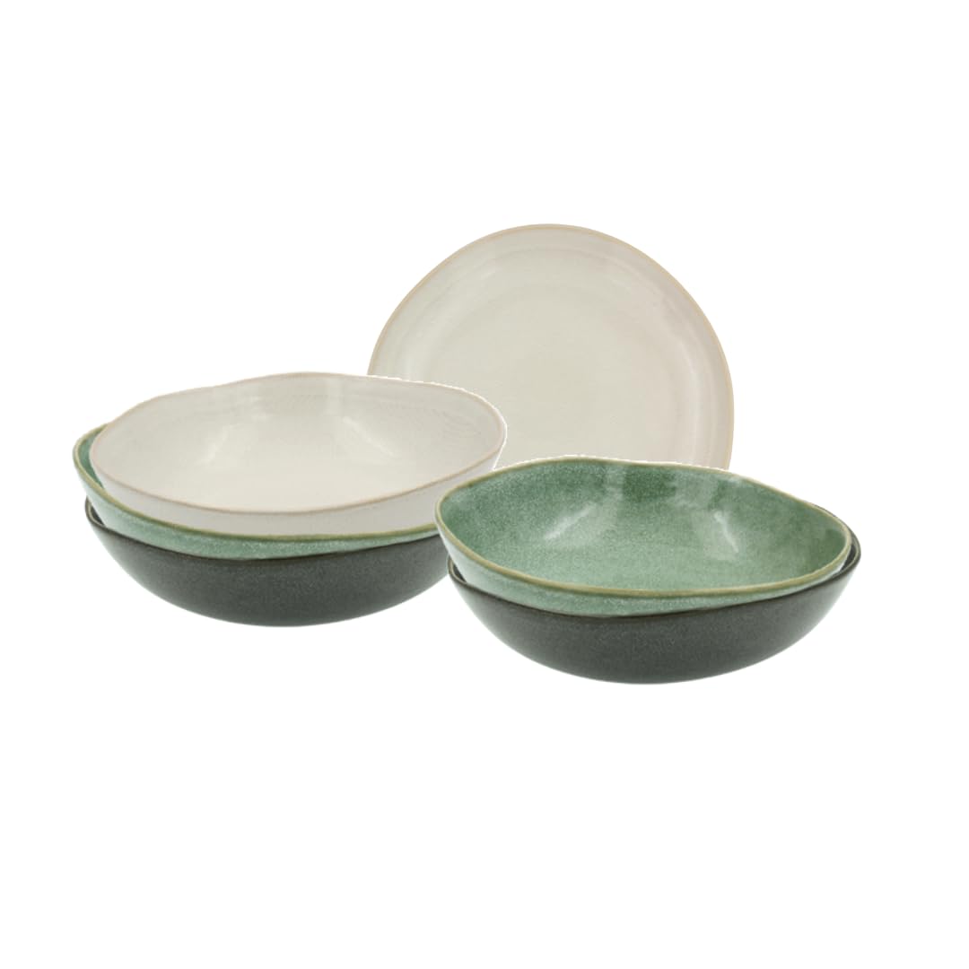 Artime Lot de 6 Assiettes Creuses Ø20,5 cm, Céramique, Teintes Vert-Gris et Blanc Crème, Design Feuillage