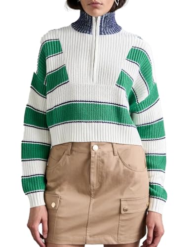 Image of EZAPINE Striped Sweater for Women Cropped Half Zip Stand Collar Casual Long Sleeve Color Block Pullover Tops Green