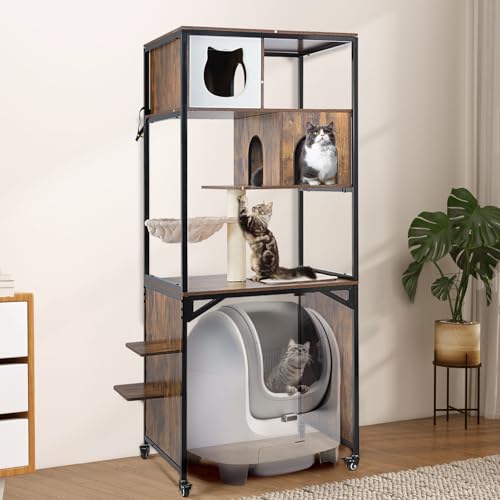 68-Inch Cat Tower with Litter Box Enclosure & Hammock – 2-in-1 Indoor Cat Tree Furniture, Metal Frame,Easy Assembly Cat Condo for Multi-Cat Households
