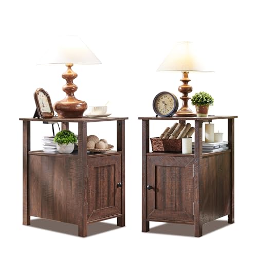 Image of IFBUY Farmhouse Nightstands Set of 2, Narrow Bedside Table with Charging Station, Night Stand Set 2 with Storage & Open Shelf, End Tables w /Groove Barn Door for Bedroom, Living Room-Brown