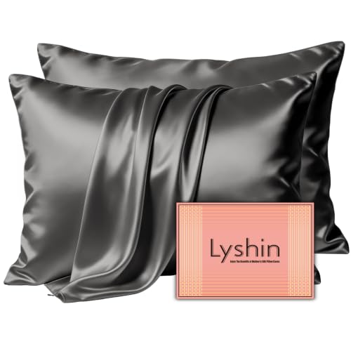 Image of LYSHIN Silk Pillow Cases 2 Pack Standard Size with Zipper, Dark Grey | 19 Momme Mulberry Silk Pillowcase for Skin and Hair, Anti-Acne, Hypoallergenic, Cooling, Beauty Sleep, Gifts for Women