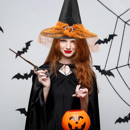 CHEERYMAGIC Witch Hat Witches Hat, Halloween Pointed Wizard Hat with Orange Veil for Adult Witch Costume Fancy Dress Accessories, Halloween Dress Up Witch Accessories for Masquerade Parties A9CSWSWPM