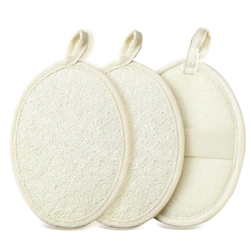 keyxer Esponja de lufa natural y loofah orgánico, juego de 3 almohadillas exfoliantes corporales reutilizables para baño/SPA/cocina | Respetuoso con el medio ambiente, antibacteriano (beige), lufa