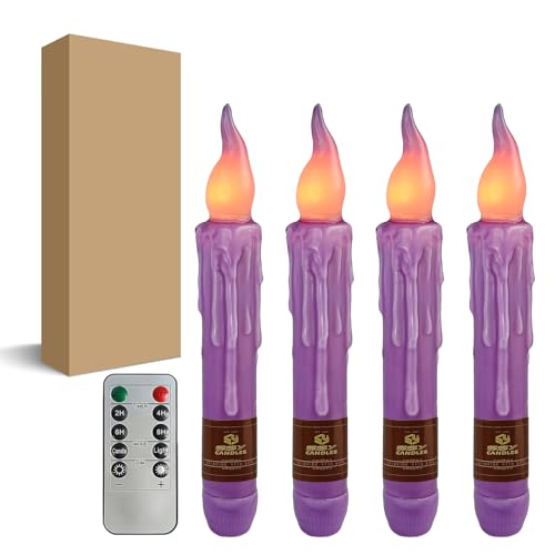 Image of Purple Flameless Short Taper Candles, Real Wax Hand Dipped LED Battery Operated with Remote, Flickering Flame Lights for Festival Party Home Decor, 6.7 Inch Primitive Flameless Candles, 4PCS