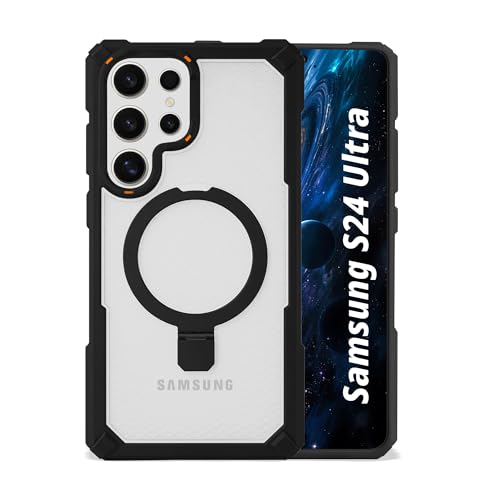 Image of AIBEX Transparent Back Cover Compatible for Samsung Galaxy S24 Ultra|Mag-Saf Magnetic Ring Kickstand |Shockproof Dual Layer Military Grade Drop Protection Armor Case|Wireless Charging Support - Black