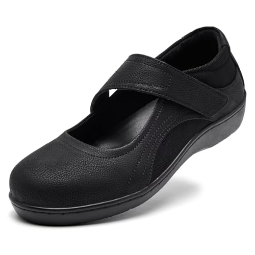 Image of Mary Jane Shoes Women Leather Orthopedic Flats Round Toe Casual Dress Shoes Non Slip Work Shoe with Memory Foam