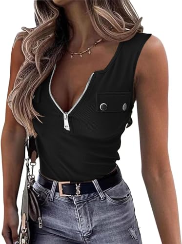 ELFIN Damen Ärmellos Tank Top Gerippt Sommer Sexy Oberteile Reißverschluss Stretch Weste Slim Fit Basic Shirt Ribbed Tops (L Schwarz)